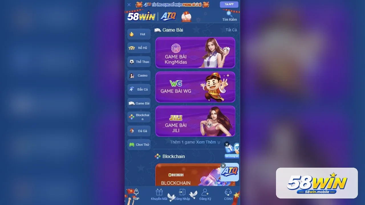 Sảnh game bài đổi thưởng tại 58WIN