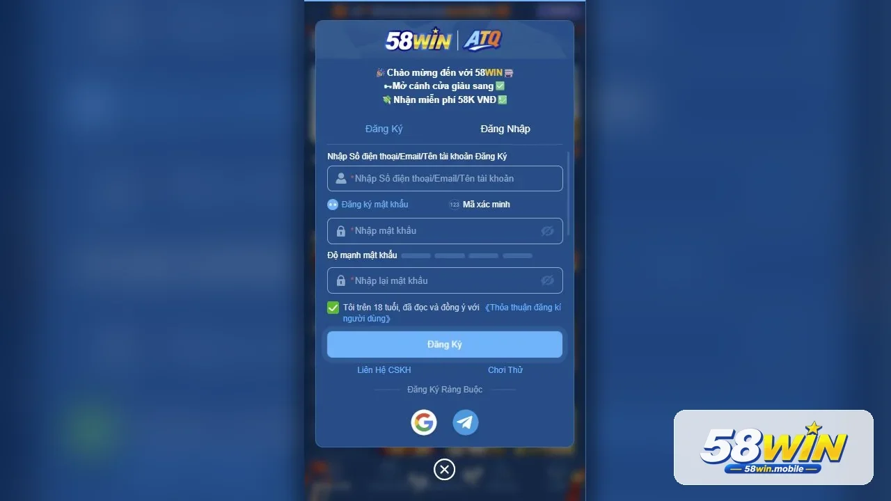 Biểu mẫu đăng ký tài khoản 58WIN