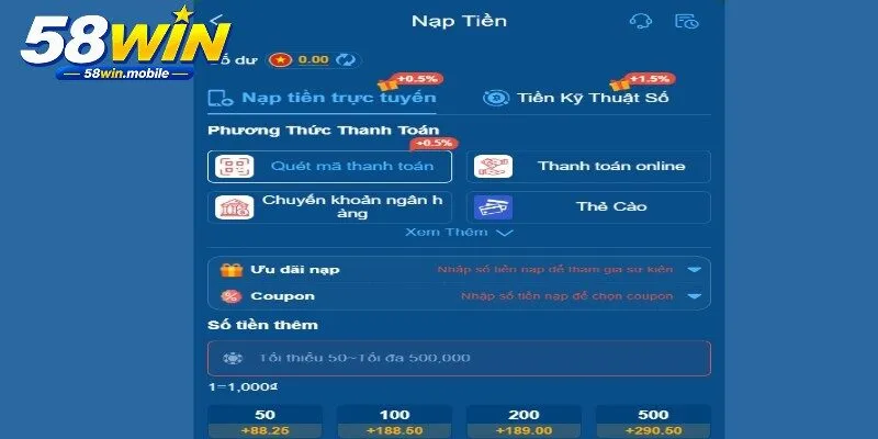 Kiểm tra cách nạp tiền 58WIN qua lịch sử