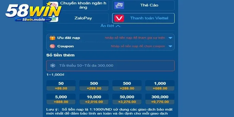 Phương Thức Thanh Toán 58WIN - Hướng Dẫn Giao Dịch